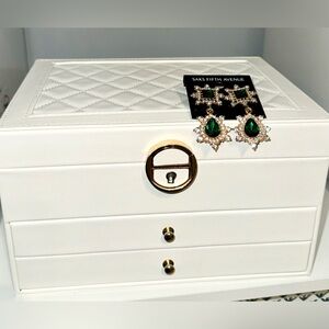 Jewelry Box with New Saks Fifth Avenue Emerald Green Earrings